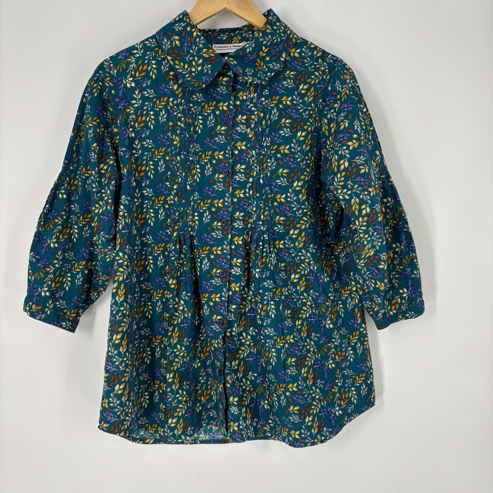 Country‎ Store Womens Leaf Print Pleated Top Size L Peter Pan Collar Cottage